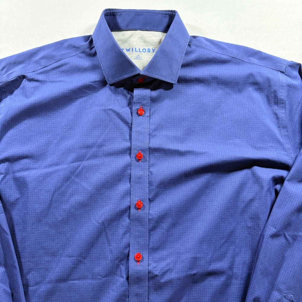 Twillory Performance Dress Shirt Men 18 36/37 Blue Check Traditional Fit Stretch